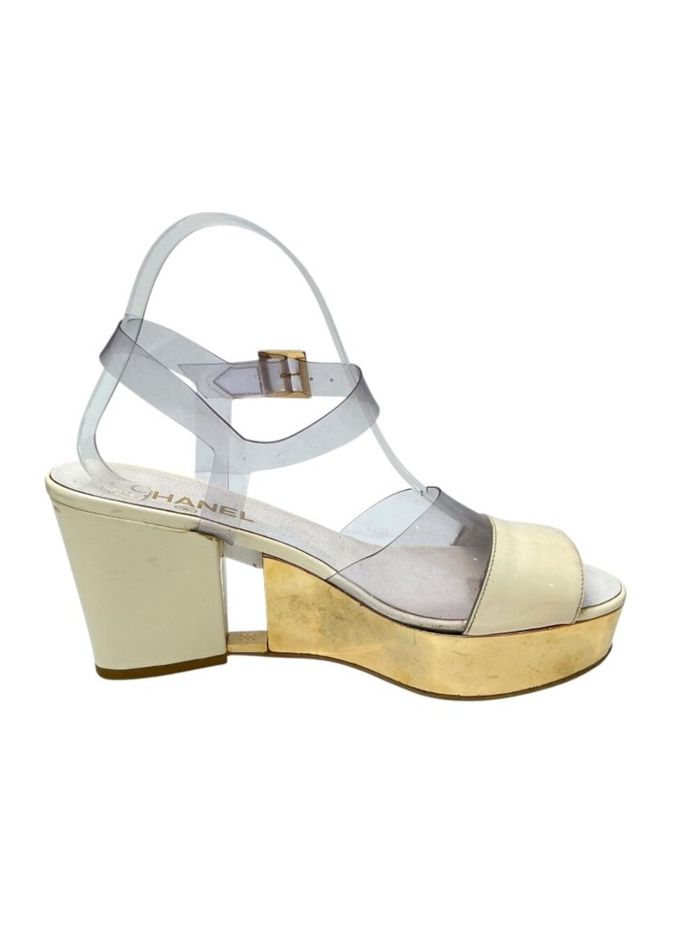 CHANEL Vintage Gold Wedge Platforms With PVC Straps sz 9.5 - Picture 9 of 16